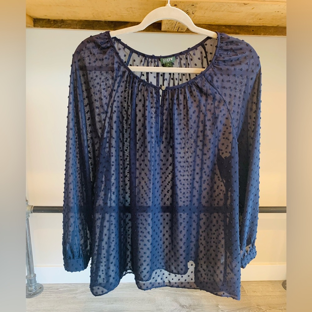 J. Crew Sheer Navy Blue Chiffon Swiss Dot Textured Top (L)